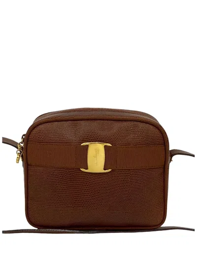 Pre-owned Ferragamo 1990-2010 Lizard Embossed Leather Vara Crossbody Bag In Brown