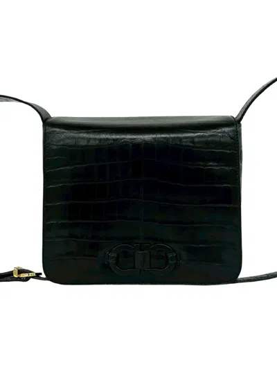 Pre-owned Ferragamo 1990-2000 Croc Embossed Leather Gancini Crossbody Bag In Black