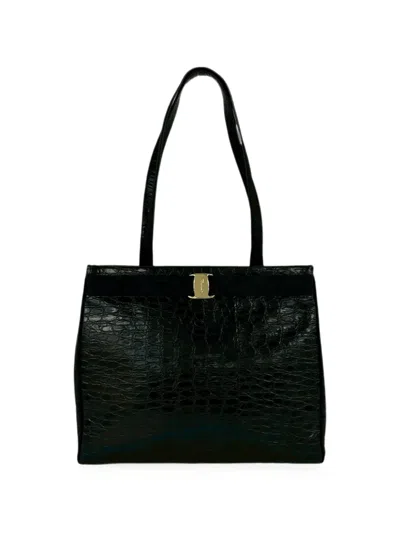 Pre-owned Ferragamo 1990-2000 Croc Embossed Leather Vara Tote Bag In Black