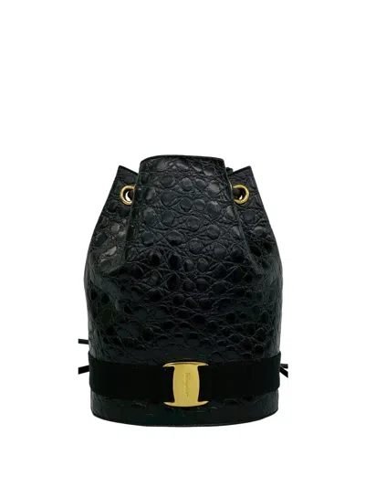 Pre-owned Ferragamo 1990-2000 Embossed Leather Vara Drawstring Backpack In Black