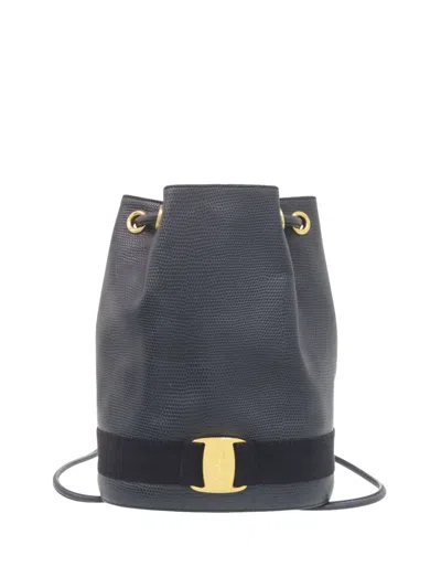 Pre-owned Ferragamo 1990-2000 Lizard Embossed Leather Vara Bow Drawstring Backpack In Blue
