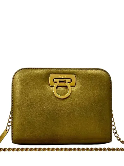 Pre-owned Ferragamo 1990-2000 Metallic Leather Gancini Chain Crossbody Bag In Gold