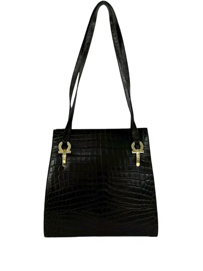 Pre-owned Ferragamo 1990-2010 Embossed Leather Gancini Tote Bag In Brown