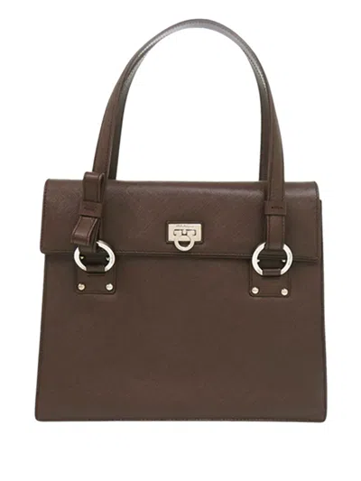Pre-owned Ferragamo 1990-2010 Leather Gancini Ribbon Handbag In Brown