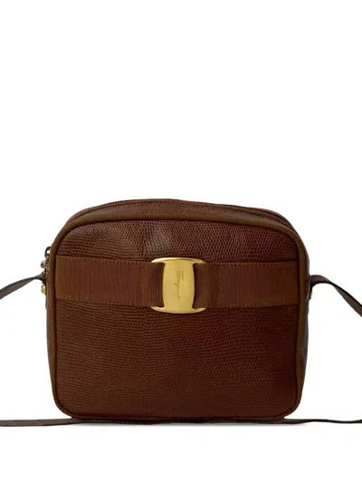 Pre-owned Ferragamo 1990-2010 Lizard Embossed Leather Vara Crossbody Bag In Brown