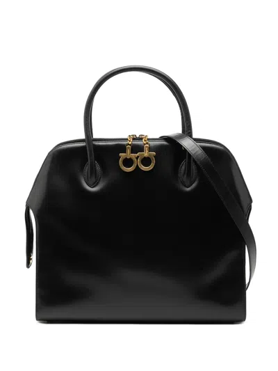 Pre-owned Ferragamo 1990-2010 Medium Leather Gancini Dome Satchel In Black