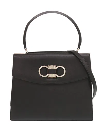 Pre-owned Ferragamo 1990-2015 Leather Double Gancini Top Handle Bag Satchel In Black