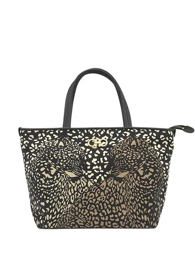 Pre-owned Ferragamo 1990-2020 Nylon Leopard Print Double Gancini Tote Bag In Black