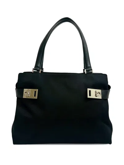 Pre-owned Ferragamo 1990-2025 Canvas Gancini Tote Bag In Black