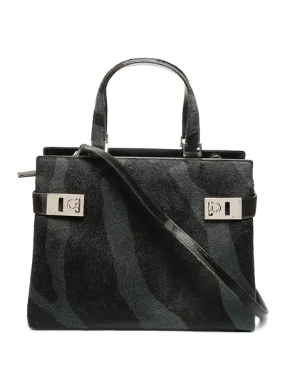 Pre-owned Ferragamo 1990s Harako Zebra-pattern Tote Bag In Black