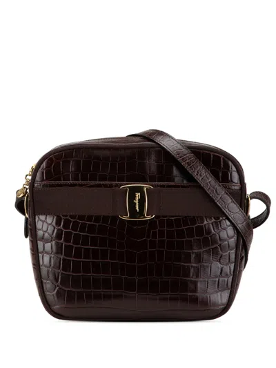 Pre-owned Ferragamo 2000-2015 Croc Embossed Calfskin Vara Crossbody Bag In Brown