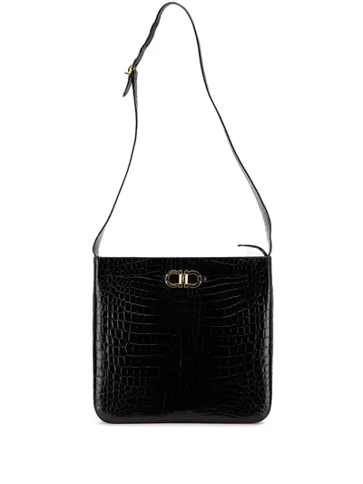 Pre-owned Ferragamo 2000-2024 Croc Embossed Leather Gancini Crossbody Bag