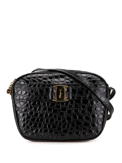 Pre-owned Ferragamo 2000-2024 Croc Embossed Leather Vara Crossbody Bag In Black