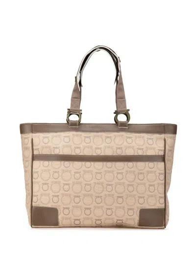 Pre-owned Ferragamo 2000-2024 Gancini Canvas Tote Bag In Brown