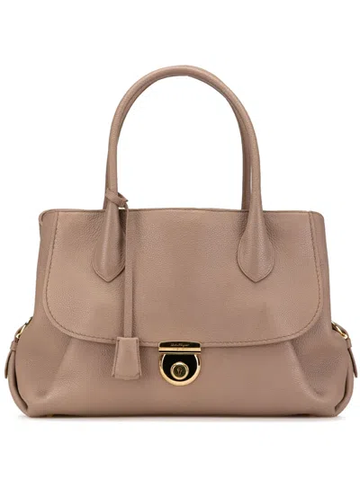 Pre-owned Ferragamo 2000-2024 Leather Fiamma East West Tote Bag In Brown