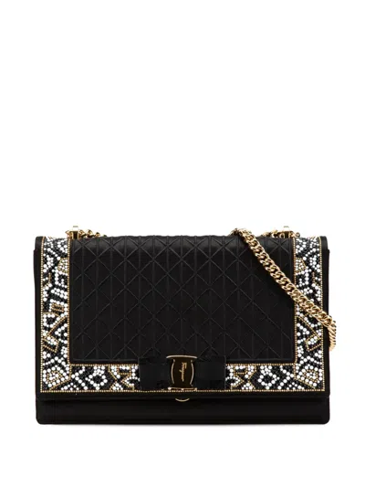Pre-owned Ferragamo 2000-2024 Medium Vara Embellished Satin Ginny Chain Crossbody Bag In Black