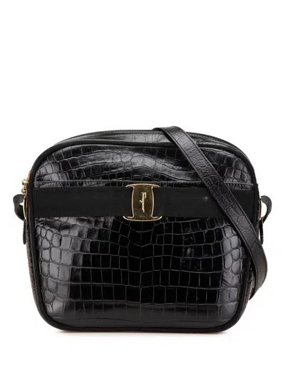 Pre-owned Ferragamo 2000-2024 Vara Embossed Leather Crossbody Bag In Black