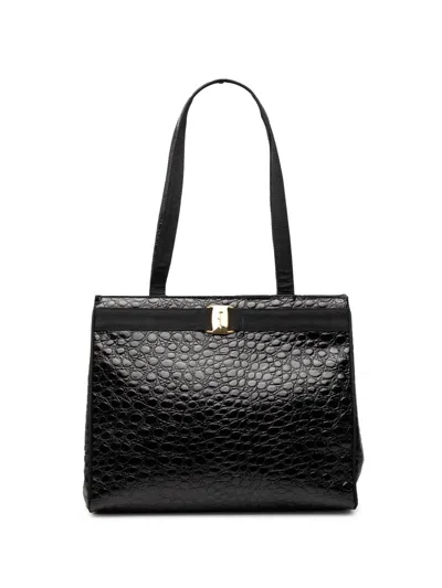 Pre-owned Ferragamo 2000-2025 Croc Embossed Leather Vara Tote Bag In Black