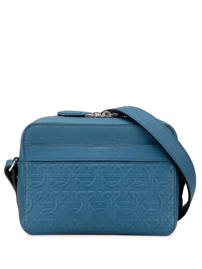 Pre-owned Ferragamo 2000-2025 Embossed Leather Gancini Crossbody Bag In Blue