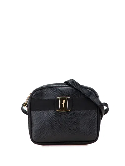 Pre-owned Ferragamo 2000-2025 Embossed Lizard Leather Vara Crossbody Bag In Black
