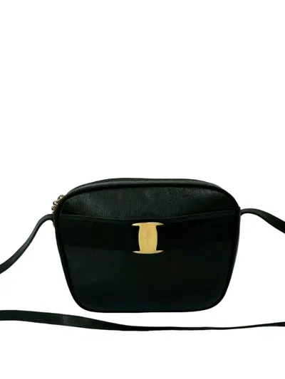 Pre-owned Ferragamo 2000-2025 Embossed Lizard Leather Vara Crossbody Bag In Black
