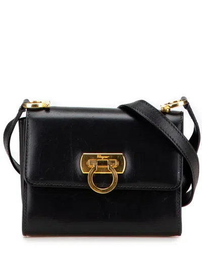 Pre-owned Ferragamo 2000-2025 Leather Gancini Flap Crossbody Bag In Black