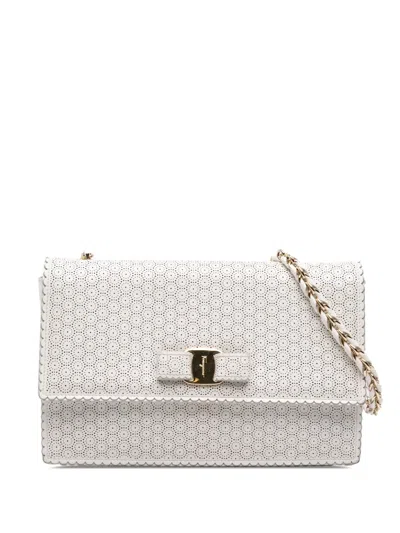 Pre-owned Ferragamo 2000-2025 Medium Perforated Leather Vara Ginny Crossbody Bag In White
