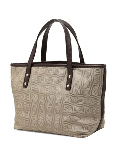 Pre-owned Ferragamo 2000-2010 Logo Canvas Gancini Tote Bag In Neutrals
