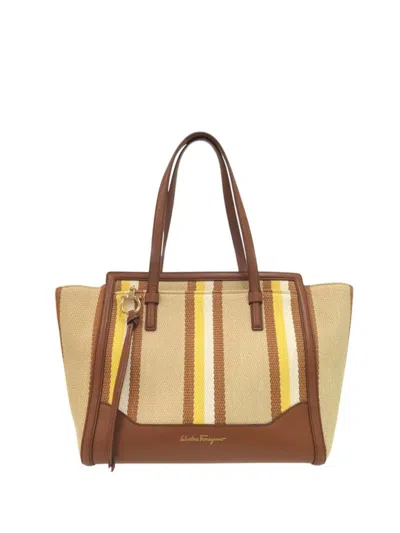 Pre-owned Ferragamo 2000-2010 Medium Striped Canvas And Leather Amy Tote Bag In Neutral