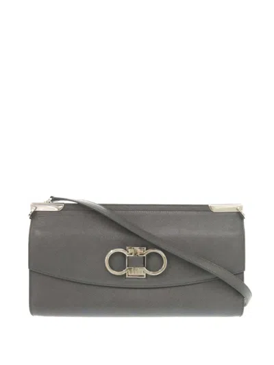Pre-owned Ferragamo 2000-2020 Leather Double Gancini Shoulder Bag In Gray