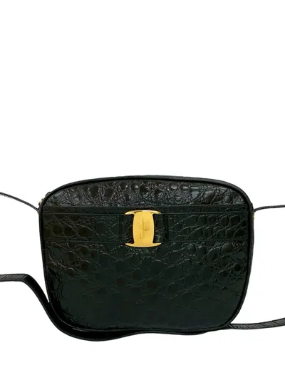 Pre-owned Ferragamo 2000-2025 Croc Embossed Leather Vara Crossbody Bag In Black