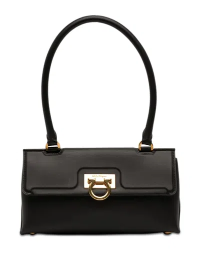 Pre-owned Ferragamo 2000-2025 Leather Gancini Trifolio Swing Top Handle Bag Handbag In Black