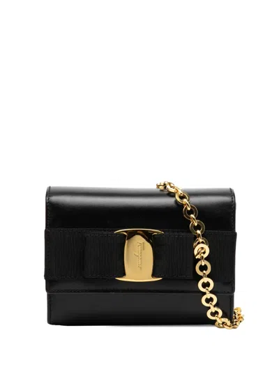 Pre-owned Ferragamo 2000-2025 Mini Leather Vara Bow Chain Crossbody Bag In Black