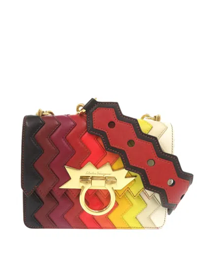 Pre-owned Ferragamo 2000-2025 Sara Battaglia Mini Leather Zigzag Gancini Crossbody Bag In Red