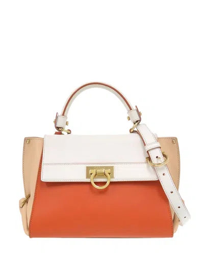 Pre-owned Ferragamo 2000-2025 Small Tricolor Leather Gancini Sofia Satchel In Orange