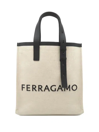 Pre-owned Ferragamo 2000-2026 Canvas Embossed Logo Signature Tote Bag In Black