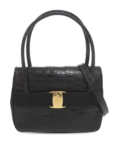 Pre-owned Ferragamo 2000-2026 Croc Embossed Leather Vara Bow Satchel In Black