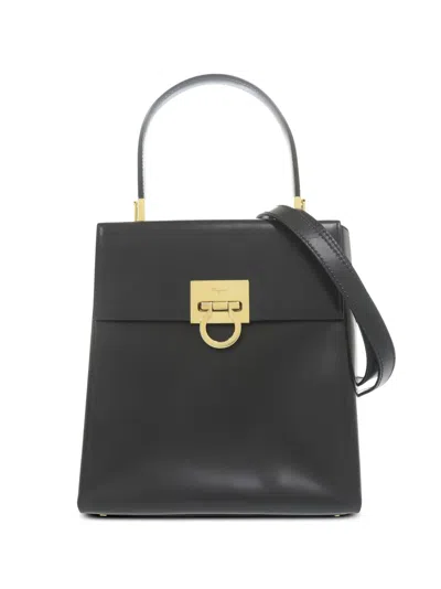 Pre-owned Ferragamo 2000-2026 Leather Gancini Top Handle Bag Satchel In Black
