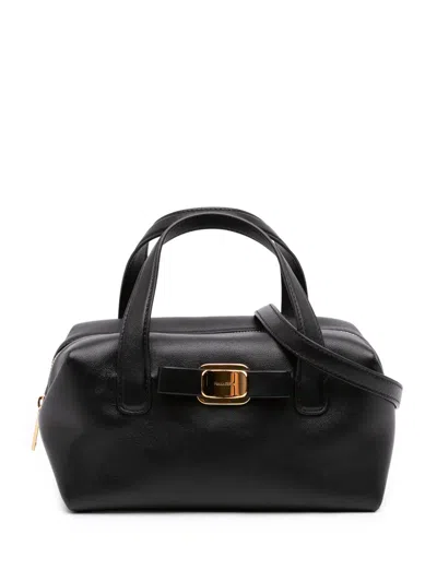 Pre-owned Ferragamo 2000-2026 Leather Vara Plate Convertible Bowling Bag Satchel In Black