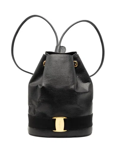 Pre-owned Ferragamo 2000-2026 Lizard Embossed Leather Vara Bow Drawstring Backpack In Black