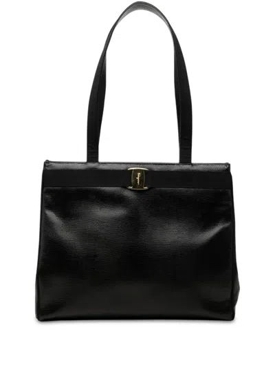 Pre-owned Ferragamo 2000-2026 Lizard Embossed Leather Vara Tote Bag In Black