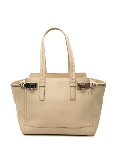 Pre-owned Ferragamo 2000-2026 Medium Leather Gancini Verve Tote Bag In Neutrals