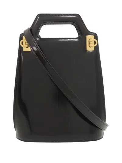 Pre-owned Ferragamo 2000-2026 Mini Brushed Calfskin Gancini North South Wanda Top Handle Bag Satchel In Black
