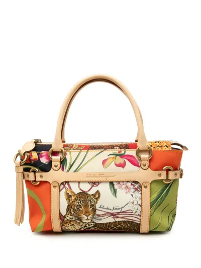 Pre-owned Ferragamo 2000-2026 Printed Satin And Leather Fiera Satchel In Multicolour