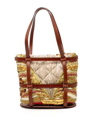 Pre-owned Ferragamo 2000-2026 Quilted Nylon And Leather Jungle Safari Bucket Bag In Brown