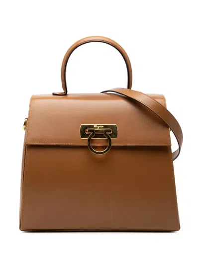 Pre-owned Ferragamo 2000-2026 Small Leather Gancini Iconic Top Handle Bag Satchel In Brown