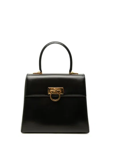 Pre-owned Ferragamo 2000-2026 Smooth Calfskin Gancini Iconic Top Handle Bag Satchel In Black