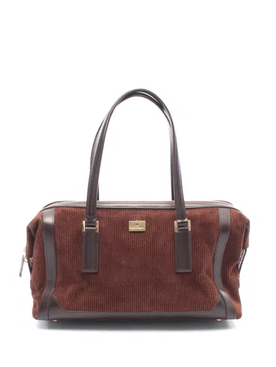 Pre-owned Ferragamo 2000s Corduroy Leather-trim Shoulder Bag In Brown