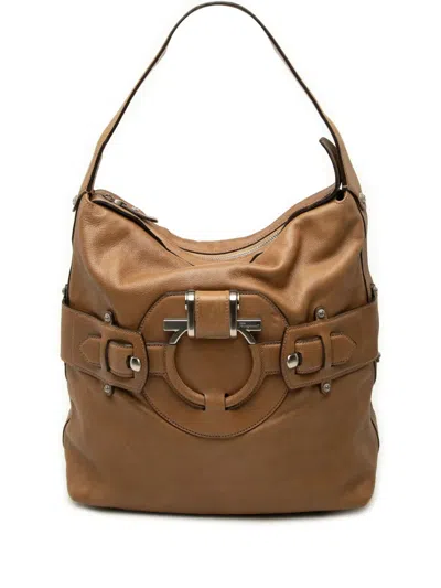 Pre-owned Ferragamo 2005-2007 Calfskin Gancini Shoulder Bag In Brown