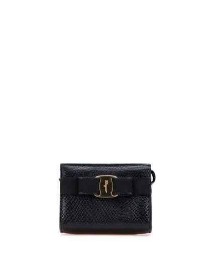 Pre-owned Ferragamo 2007-2024 Embossed Lizard Leather Vara Bow Pouch In Black